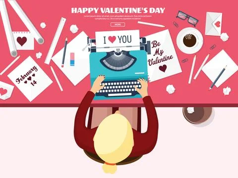 Flat background with typewriter. Love hearts. Valentines day. Be my valentine Stock Illustration