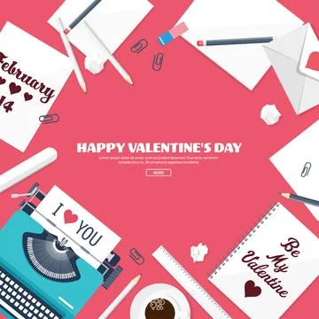 Flat background with typewriter. Love hearts. Valentines day. Be my valentine Stock Illustration