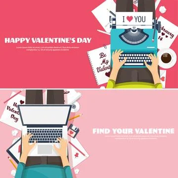 Flat background with typewriter. Love, hearts. Valentines day holidays. Be my Stock Illustration