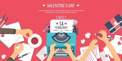 Flat background with typewriter. Love hearts. Valentines day. Be my valentine Stock Illustration