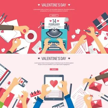 Flat background with typewriter. Love hearts. Valentines day. Be my valentine Stock Illustration