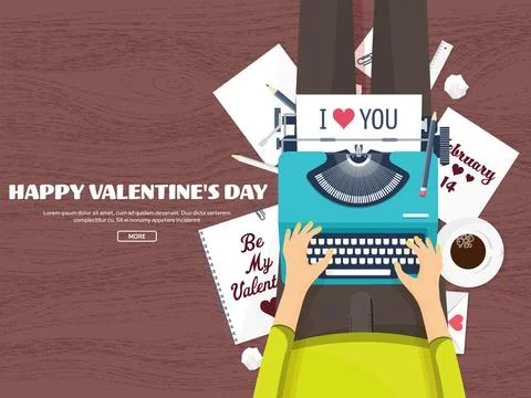 Flat background with typewriter. Love hearts. Valentines day. Be my valentine Stock Illustration