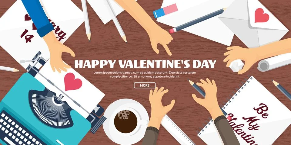 Flat background with typewriter. Love hearts. Valentines day. Be my valentine Stock Illustration