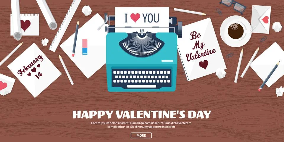 Flat background with typewriter. Love hearts. Valentines day. Be my valentine Stock Illustration