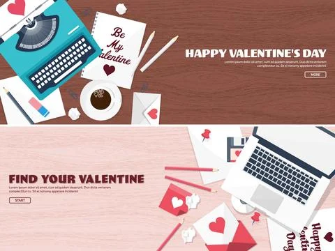Flat background with typewriter. Love hearts. Valentines day. Be my valentine Stock Illustration