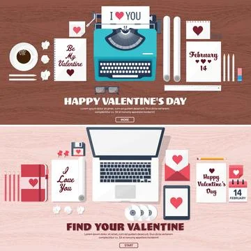 Flat background with typewriter. Love hearts. Valentines day. Be my valentine Stock Illustration
