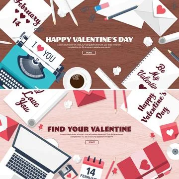 Flat background with typewriter. Love hearts. Valentines day. Be my valentine Stock Illustration