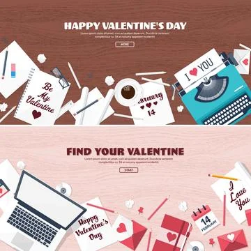 Flat background with typewriter. Love hearts. Valentines day. Be my valentine Stock Illustration