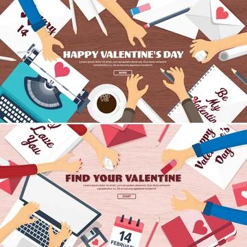 Flat background with typewriter. Love hearts. Valentines day. Be my valentine Stock Illustration