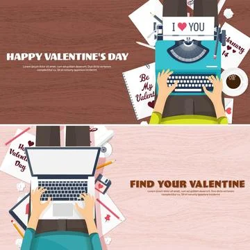 Flat background with typewriter. Love, hearts. Valentines day holidays. Be my Stock Illustration