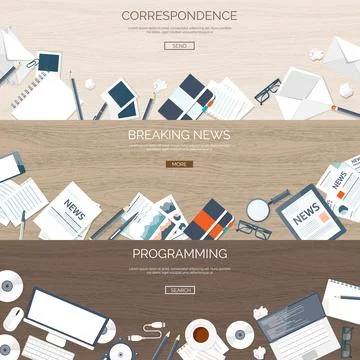 Flat backgrounds set. Correspondence and chatting emailing. Breaking online news Stock Illustration