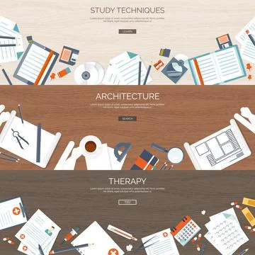 Flat backgrounds set. Study online education. Web courses. E-learning Stock Illustration