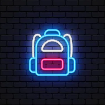 Flat backpack neon for concept design. Backpack for travel, tourism glowing icon Stock Illustration