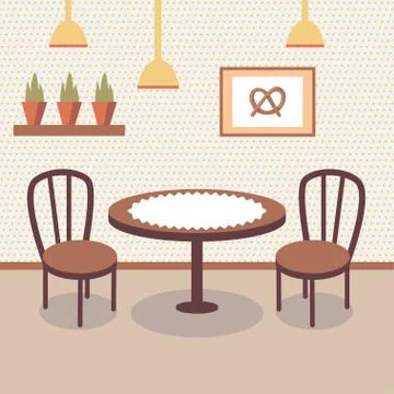 Flat bakery store interior with table covered with white cloth, two wooden Illustrazione stock