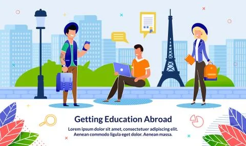 Flat Banner Getting Education Abroad, Cartoon. Guy is Sitting with Laptop his Stock Illustration
