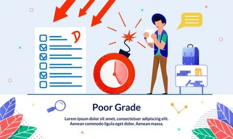Flat Banner, Poor Grade, Bad Result, Cartoon. Failure Exam Disappointing for Stock Illustration