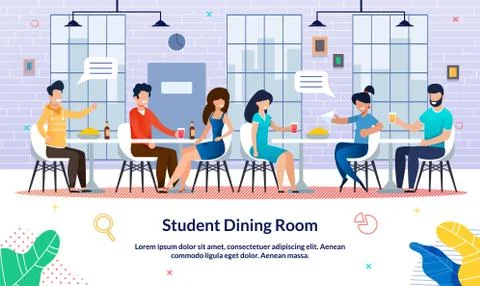 Flat Banner Student Written Dining Room, Slide. Guys and Girls are Sitting St Stock Illustration