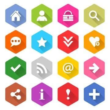 Flat basic icon set rounded hexagon web button Illustrazione stock