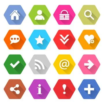 Flat basic icon set rounded hexagon web button Stock Illustration