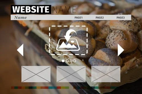 Flat basket is showing seeded bread rolls on counter with website mockup header Stock Photos