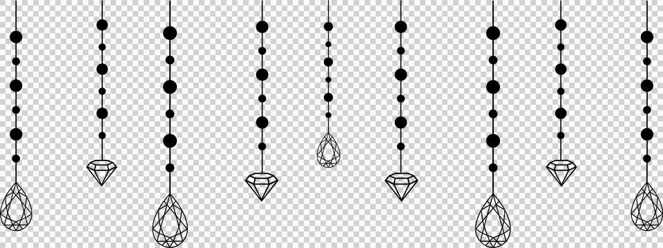 Flat bead strings are hanging featuring diamond and teardrop crystal pendants, Stock Illustration