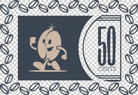 Flat bean is striding across blue box wavy-lines 50-cent semicircle bean-border Stock Illustration