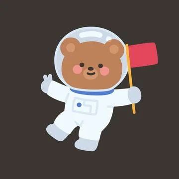 Flat Bear Astronaut Floating with Red Flag in Space Stock Illustration