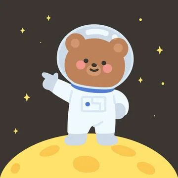 Flat Bear Astronaut in Pointing Pose Standing on Moon in Starry Space Illustrazione stock