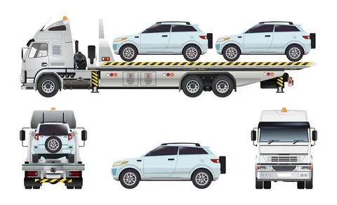 Flat bed truck trailer loaded cars carrier model vector set illustration Stock-Illustration