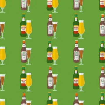 Flat beer bottles glasses seamless pattern. Stock Illustration