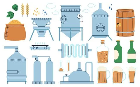 Flat beer elements. Home or industrial brewery equipment. Bottles and various Stock Illustration