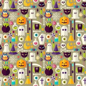 Flat Beige Halloween Trick or Treat Objects Seamless Pattern Stock Illustration