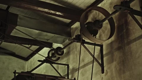 Flat Belts in Rotating Line Shafts in an Old Traditional Vintage Factory. Stock Footage 245475113