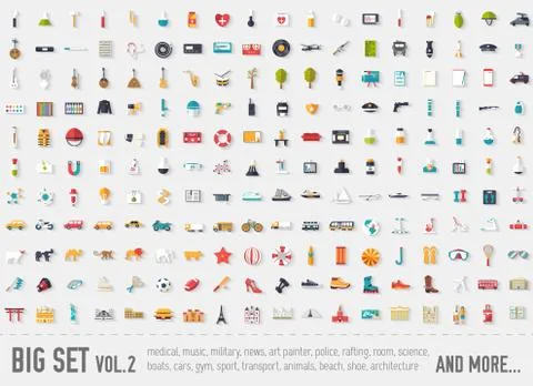 Flat big collection set icons of medical, army, war, shoe, nature, news, draw Stock Illustration