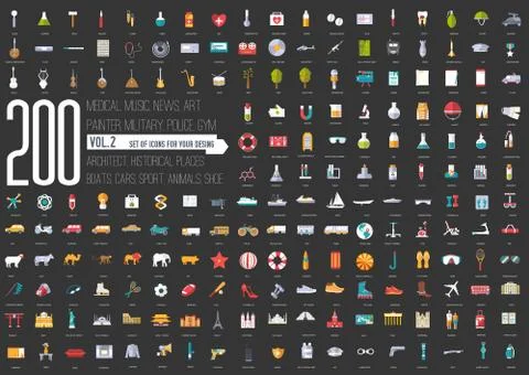 Flat big collection set icons of medical, army, war, shoe, nature, news, draw Stock Illustration