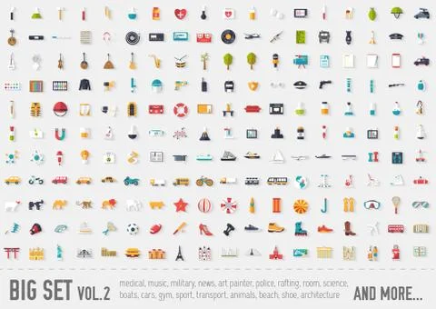Flat big collection set icons of medical, army, war, shoe, nature, news, draw Stock Illustration