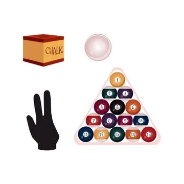 Flat billiard objects - balls, chalk and glove Illustrazione stock