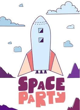 Flat birthday card. Vector flat cartoon illustration. Galaxy background. Stock Illustration