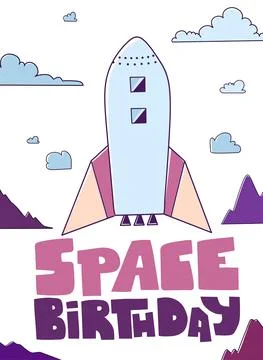 Flat birthday card. Vector flat cartoon illustration. Galaxy background. Stock Illustration