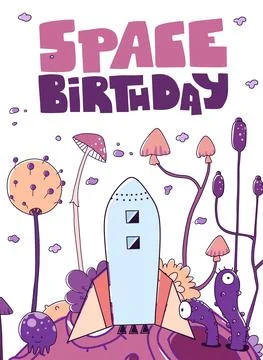 Flat birthday card. Vector flat cartoon illustration. Galaxy background. Stock Illustration