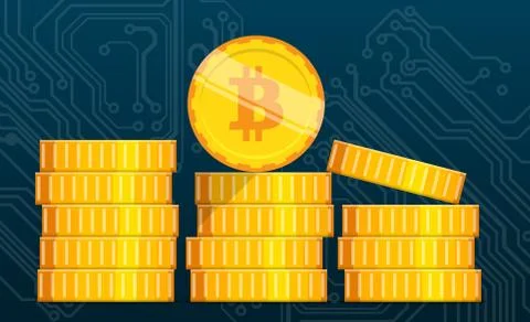 Flat bitcoin. Golden coins stack. Stock Illustration