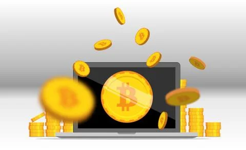 Flat bitcoin. Golden coins stack with computer mining equipment. Stock Illustration