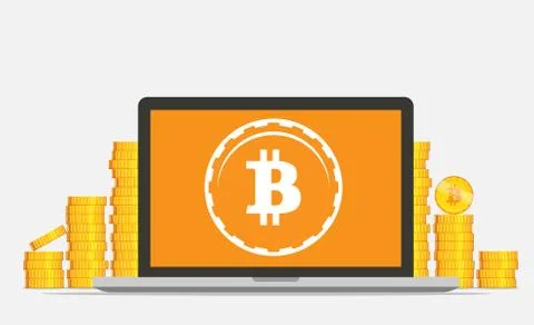 Flat bitcoin mining equipment. Golden coin in computer concept. イラスト素材