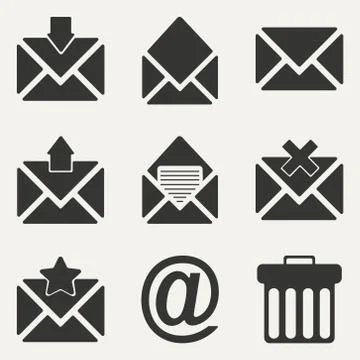 Flat in black and white concept mobile application email icons Stock Illustration