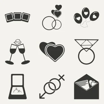 Flat in black and white concept mobile application wedding icons Stock Illustration