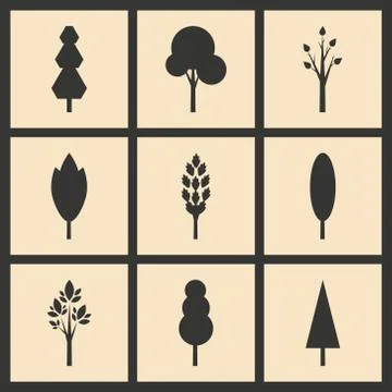 Flat in black and white concept mobile application trees silhouette Stock Illustration