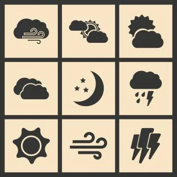 Flat in black and white concept mobile application weather icons Stock Illustration