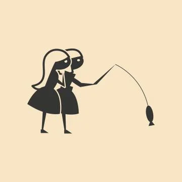 Flat in black and white mobile application friends fishing Stock Illustration