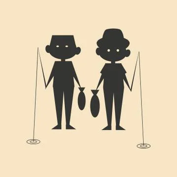 Flat in black and white mobile application men fishing Stock Illustration