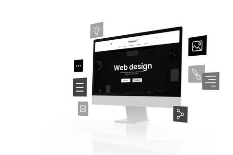 Flat black and white web design studio page layout on modern computer display Stock Illustration